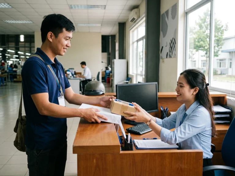 Nhân viên giao hàng trao hộp bút và ram giấy in cho nhân viên văn phòng tại quầy lễ tân nhà máy ở KCN Đức Hòa 1, xã Mỹ Hạnh