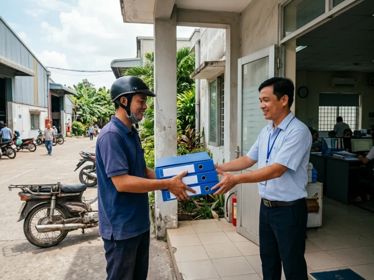 Nhân viên giao hàng trao chồng bìa còng xanh cho nhân viên hành chính trước cửa văn phòng nhà máy ở KCN Đức Hòa 3, xã Đức Lập
