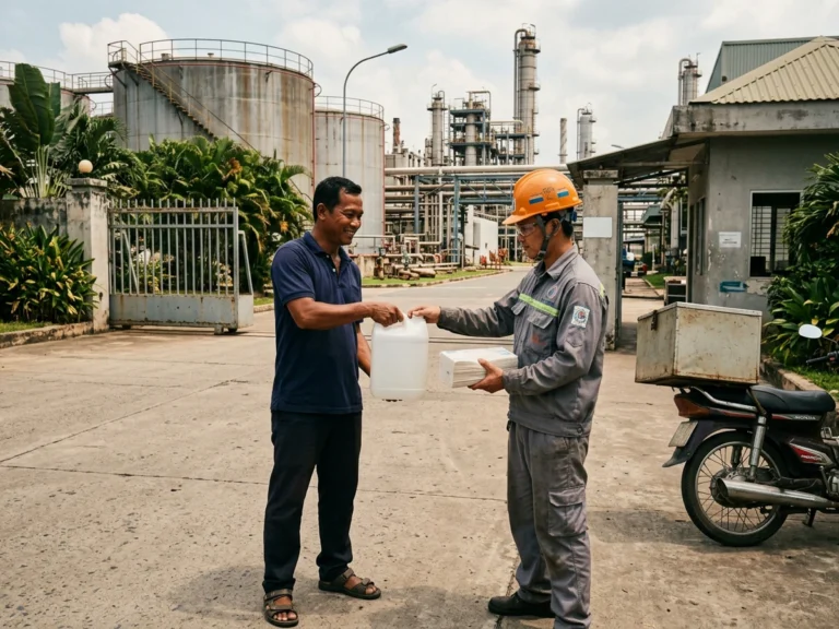 Nhân viên giao hàng trao can nước rửa tay và xấp khăn giấy lau tay cho công nhân đội mũ bảo hộ trước cổng nhà máy có bồn chứa ở KCN Gò Dầu, xã Phước Thái
