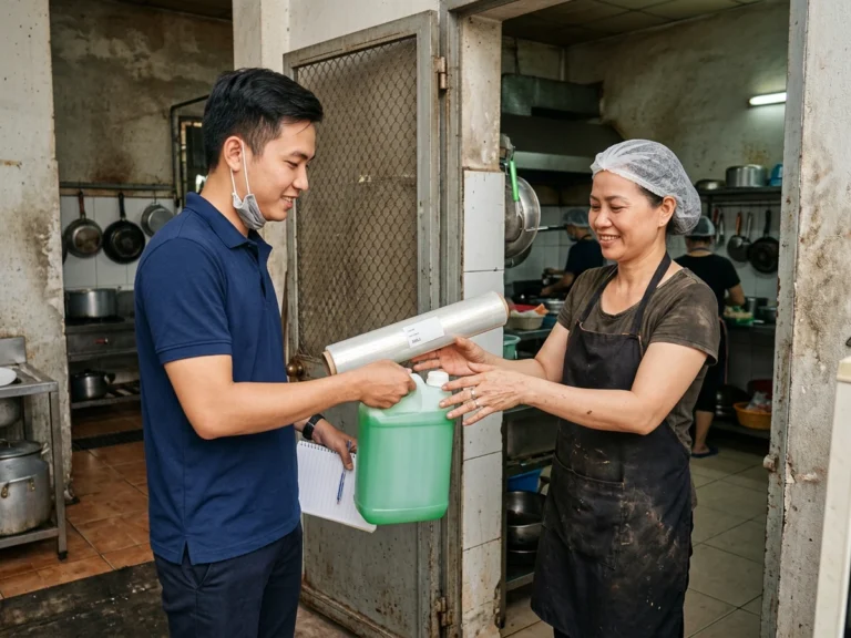 Nhân viên giao hàng trao cuộn màng bọc và can nước rửa chén cho cô cấp dưỡng ở cửa bếp ăn nhà xưởng KCN Hải Sơn, xã Đức Hòa