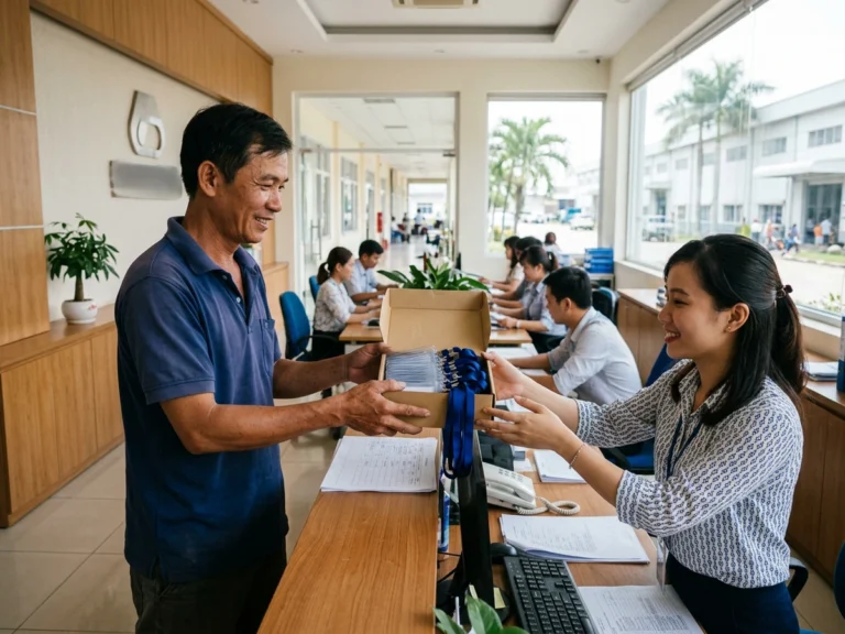Nhân viên giao hàng trao hộp bảng tên và dây đeo cho nhân viên nhân sự ở quầy lễ tân nhà máy