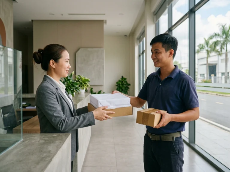 Nhân viên giao hàng trao hộp giấy in và thùng bút cho nữ nhân viên hành chính tại quầy lễ tân nhà máy ở KCN Lộc An - Bình Sơn, phường Long Thành