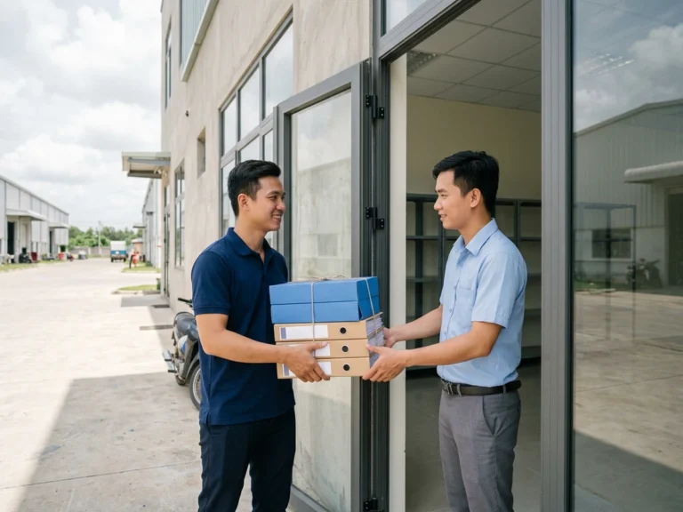 Nhân viên giao hàng trao chồng bìa hộp và bìa còng cho nhân viên văn phòng trước cửa xưởng mới xây ở KCN Long Đức, xã Bình An