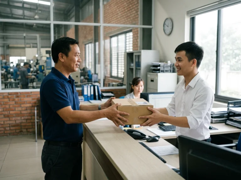 Nhân viên giao hàng trao thùng văn phòng phẩm cho nhân viên tại quầy văn phòng nhà máy ở KCN Long Hậu, xã Cần Giuộc