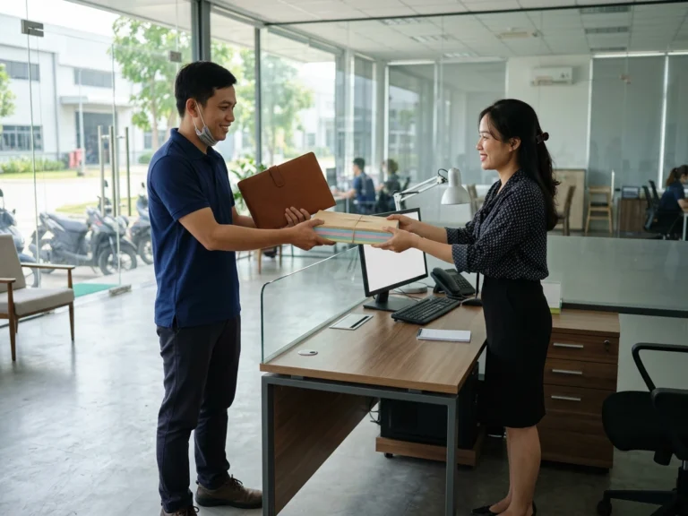 Nhân viên giao hàng trao bìa trình ký da nâu và xấp giấy màu cho thư ký tại quầy văn phòng nhà máy ở KCN Long Hậu, xã Cần Giuộc