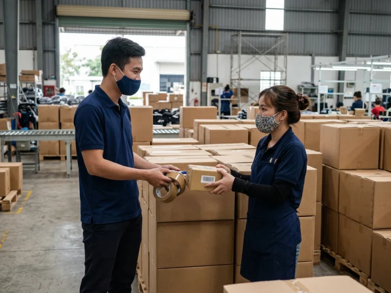 Nhân viên giao hàng trao cuộn băng keo nâu cho nữ công nhân xưởng may đang dán thùng thành phẩm ở KCN Long Khánh, phường Bình Lộc