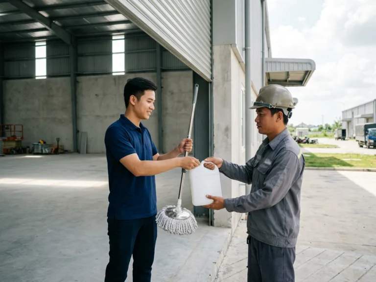 Nhân viên giao hàng trao cây lau nhà tự vắt và can nước lau sàn cho quản lý xưởng trước cửa cuốn nhà xưởng xây sẵn ở KCN Long Thành, xã An Phước