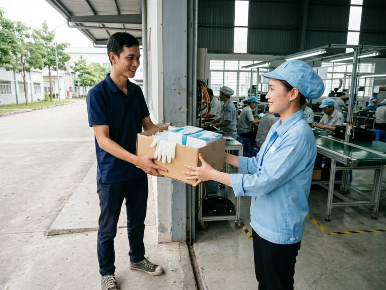 Nhân viên giao hàng trao thùng găng tay và khẩu trang cho tổ trưởng chuyền ở cửa xưởng lắp ráp