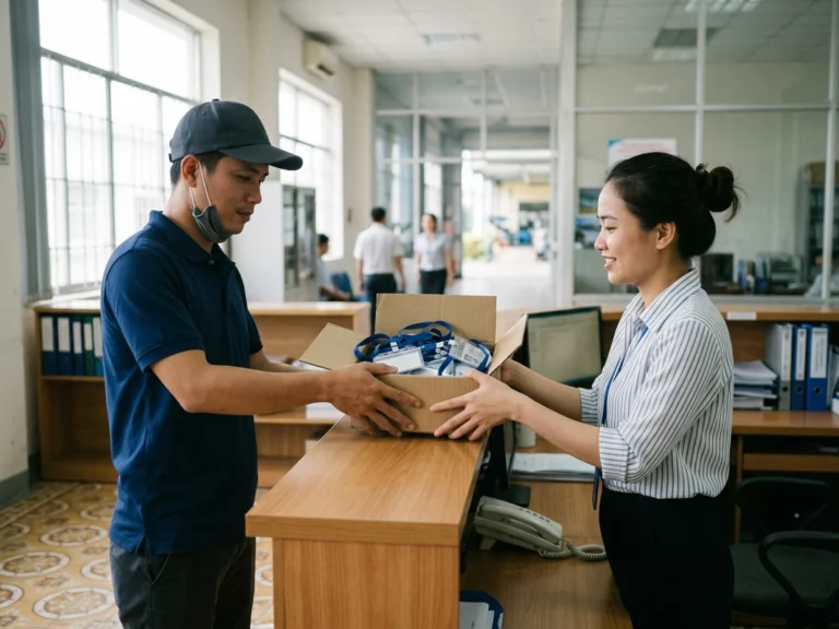 Nhân viên nhân sự nhận hộp bảng tên nhựa trong và dây đeo xanh tại quầy văn phòng nhà máy ở KCN Minh Hưng 3