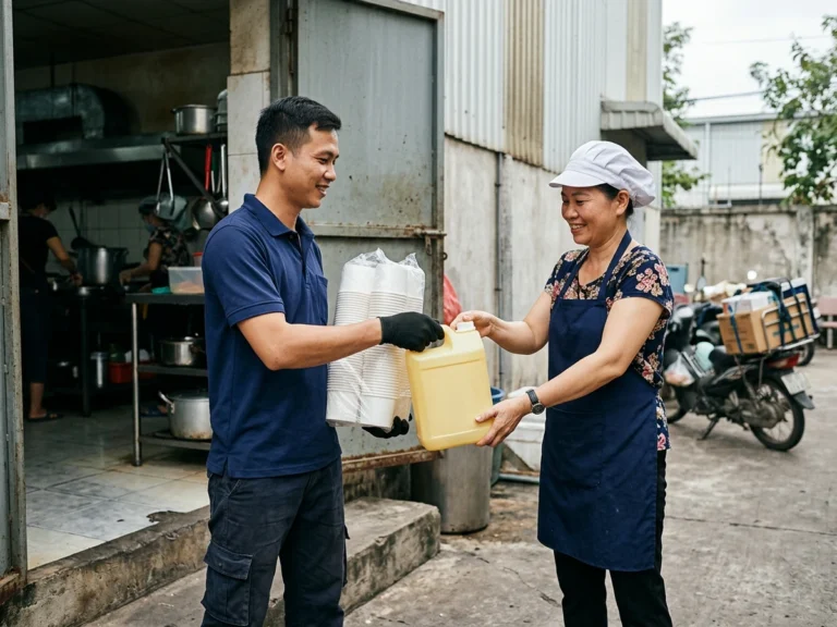 Cô cấp dưỡng đội mũ trắng nhận can nước rửa chén vàng và chồng ly giấy ở cửa sau bếp ăn xưởng tại KCN Minh Hưng - Hàn Quốc