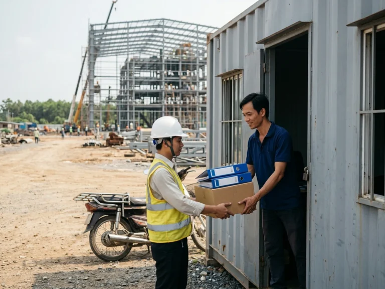 Kỹ sư công trường đội mũ bảo hộ nhận thùng hàng có hai bìa còng xanh trước container văn phòng ở KCN Minh Hưng Sikico
