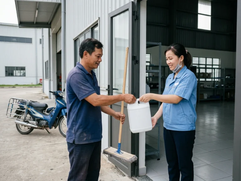 Nhân viên giao hàng trao can nước lau sàn và cây lau nhà cho nhân viên tạp vụ ở cửa nhà xưởng KCN Mỹ Xuân A, phường Phú Mỹ