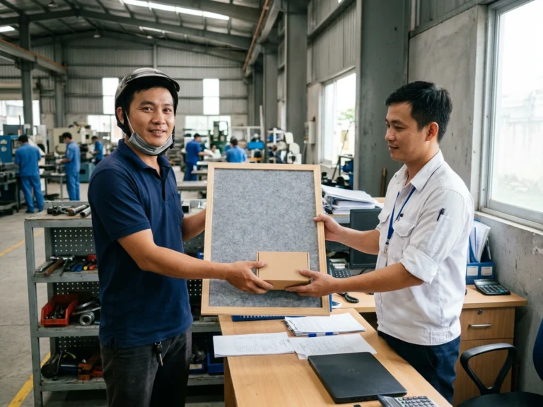 Nhân viên giao hàng trao bảng ghim nỉ khung gỗ và hộp hàng nhỏ cho tổ trưởng sản xuất tại góc văn phòng trong xưởng ở KCN Mỹ Xuân B1, phường Phú Mỹ