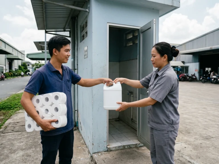 Nhân viên vệ sinh mặc đồng phục xám nhận can nhựa trắng, người giao ôm lốc giấy vệ sinh cuộn lớn trước khu vệ sinh xưởng ở KCN Nam Đồng Phú