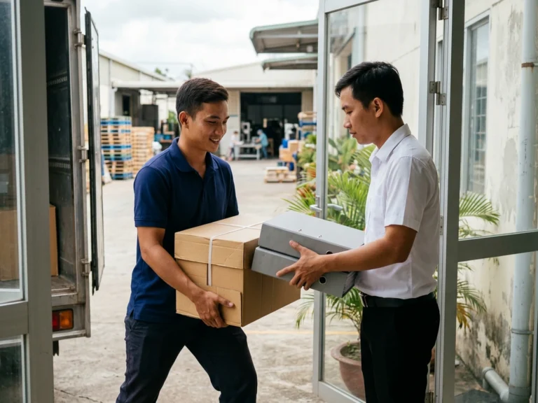 Nhân viên giao hàng mang thùng giấy in, nhân viên văn phòng nhận bìa hộp ở cửa văn phòng nhà máy