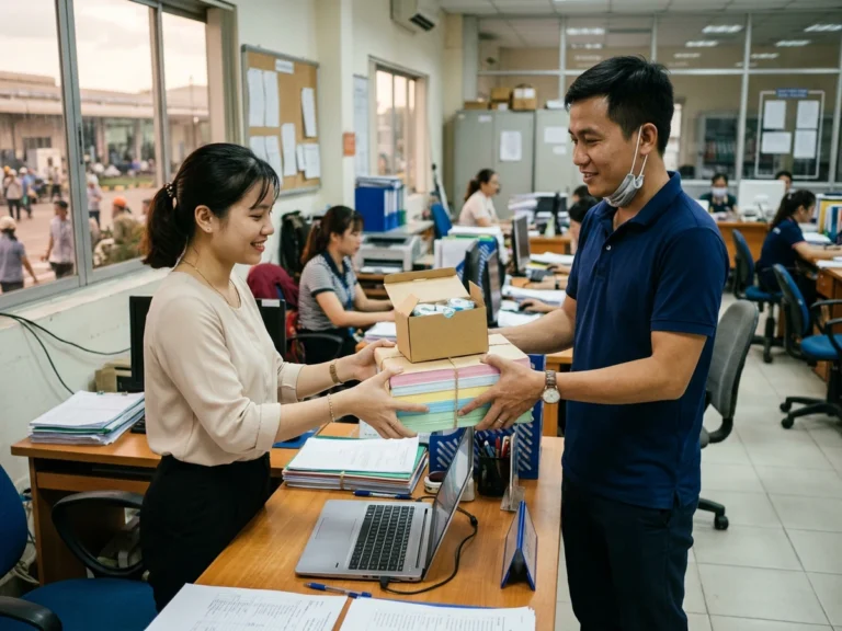 Nhân viên giao hàng trao xấp giấy màu và hộp bút xóa kéo cho nữ nhân viên phòng nhân sự nhà máy ở KCN Ông Kèo, xã Đại Phước
