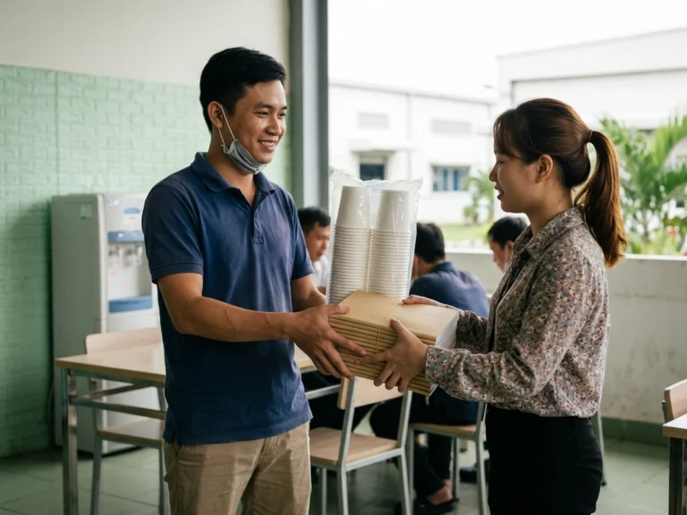 Nhân viên giao hàng trao chồng ly giấy và xấp tập cho nữ nhân viên hành chính cạnh máy nước ở KCN Phú An Thạnh, xã Bến Lức