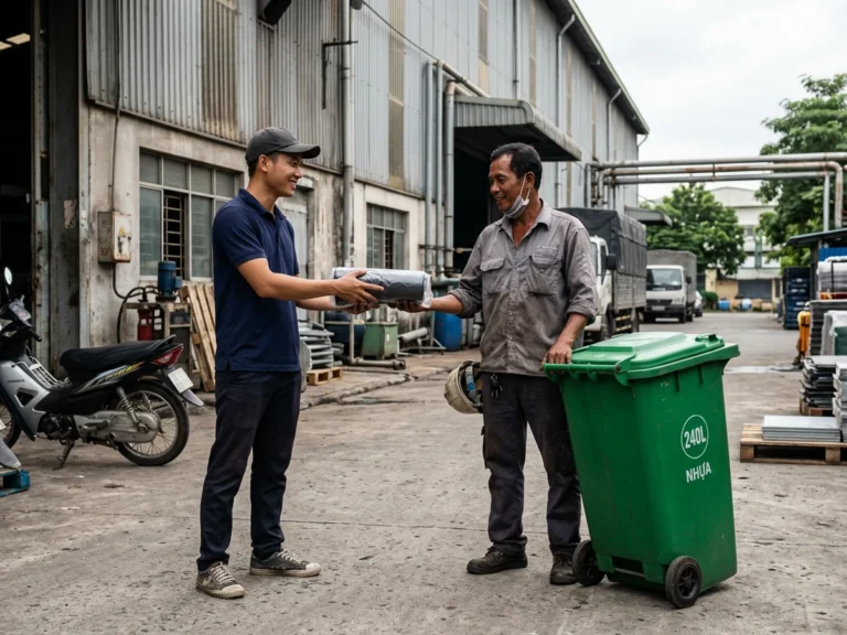 Nhân viên giao hàng trao cuộn túi rác đen cho công nhân bảo trì đứng cạnh thùng rác xanh hai bánh ở sân sau nhà máy KCN Phú Mỹ 1, phường Tân Phước