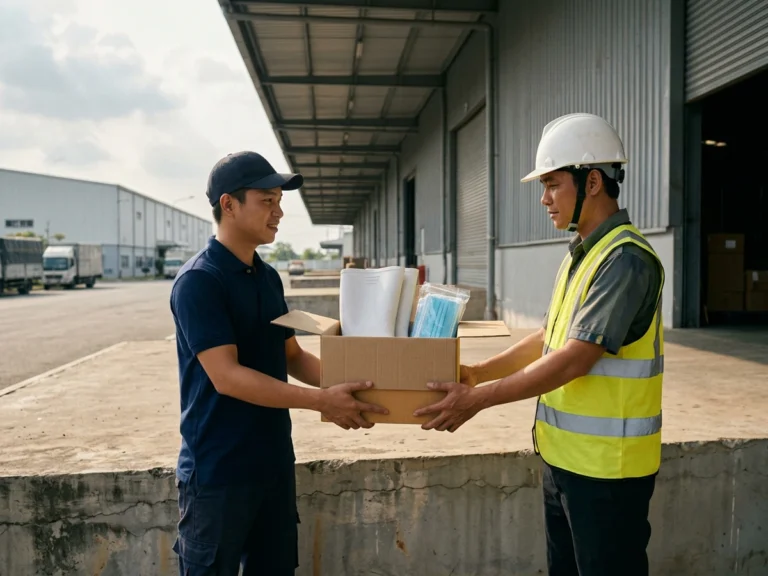 Nhân viên giao hàng trao thùng carton đựng ủng cao su trắng và gói khẩu trang cho nhân viên an toàn mặc áo phản quang ở sân bốc hàng nhà máy KCN Phú Mỹ 2, phường Phú Mỹ