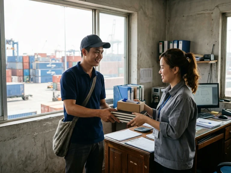 Nhân viên giao hàng trao chồng sổ và hộp bút cho nhân viên kho trong văn phòng nhìn ra bãi container ở KCN Phú Mỹ 3, phường Tân Phước