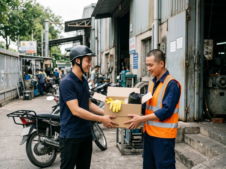 Nhân viên giao hàng trao thùng carton đựng găng tay cao su vàng và cuộn túi rác đen cho nhân viên an toàn của xưởng ở KCN Phúc Long, xã Mỹ Yên