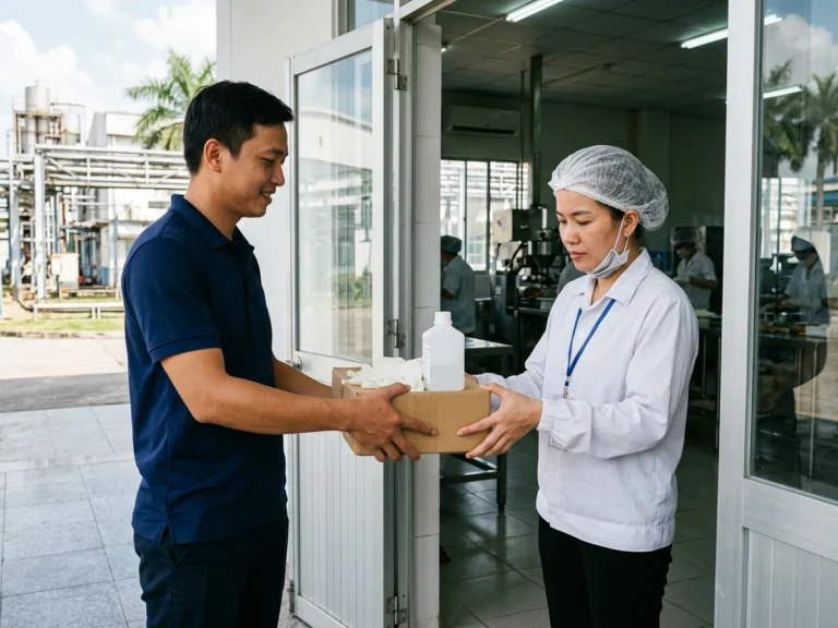 Nhân viên giao hàng trao thùng găng tay y tế và chai cồn cho nhân viên kiểm tra chất lượng đội mũ trùm tóc ở cửa xưởng chế biến KCN Phước Đông, phường Gia Lộc