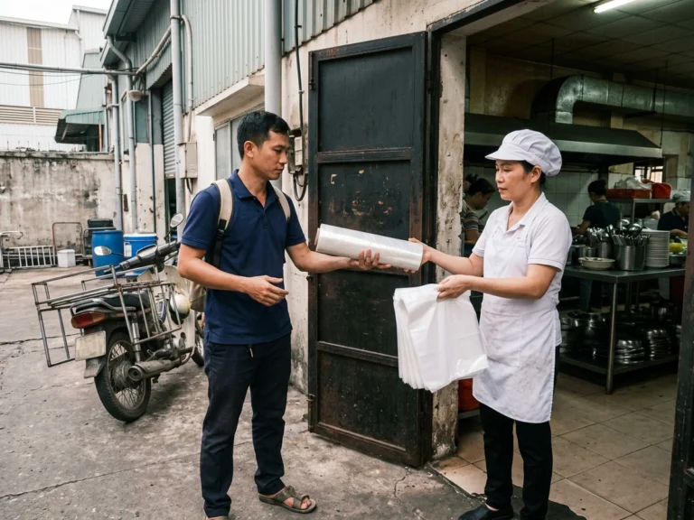 Nhân viên giao hàng trao cuộn màng bọc thực phẩm và xấp túi cho cô cấp dưỡng ở cửa sau bếp ăn