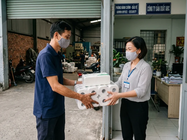 Nhân viên giao hàng trao lốc giấy vệ sinh và xấp khăn giấy cho nhân viên hành chính xưởng ở KCN Tân Bình, phường Tây Thạnh