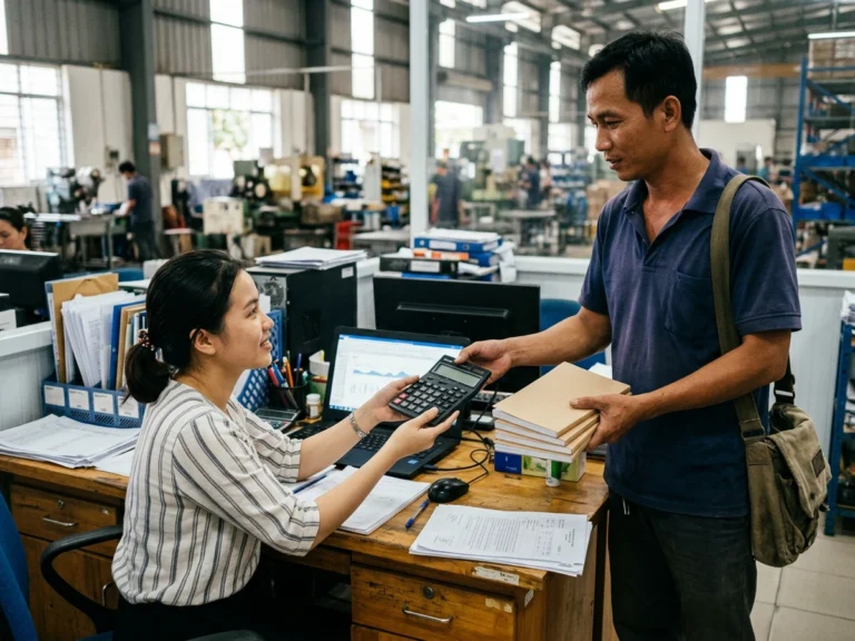 Nhân viên giao hàng trao máy tính bấm số và chồng sổ phiếu cho kế toán tại bàn làm việc trong nhà máy ở KCN Tân Đức, xã Đức Hòa