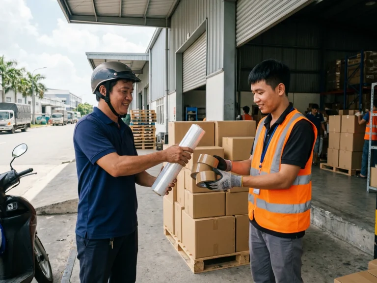Nhân viên giao hàng trao cuộn màng PE và băng keo cho công nhân kho mặc áo phản quang bên dãy pallet ở KCN Thạnh Phú, phường Tân Triều