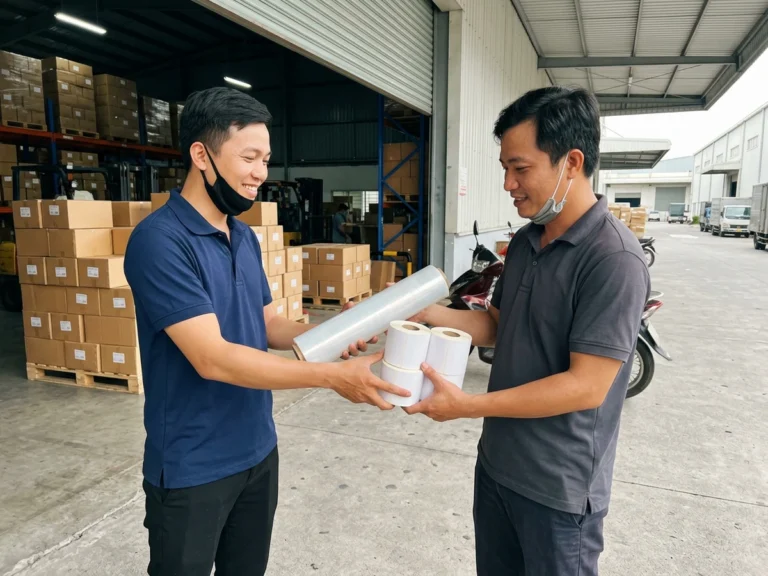 Nhân viên giao hàng trao cuộn màng PE và các cuộn giấy decal nhiệt cho nhân viên kho trước cửa kho hàng ở KCN Thành Thành Công, phường Trảng Bàng