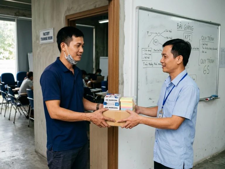 Nhân viên giao hàng trao hộp bút lông bảng và giấy note cho người phụ trách phòng đào tạo ở KCN Thới Hòa, phường Thới Hòa