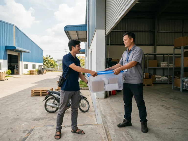 Nhân viên giao hàng trao thùng nhựa trong có nắp cho thủ kho ở cửa kho xưởng KCN Thuận Đạo, xã Bến Lức