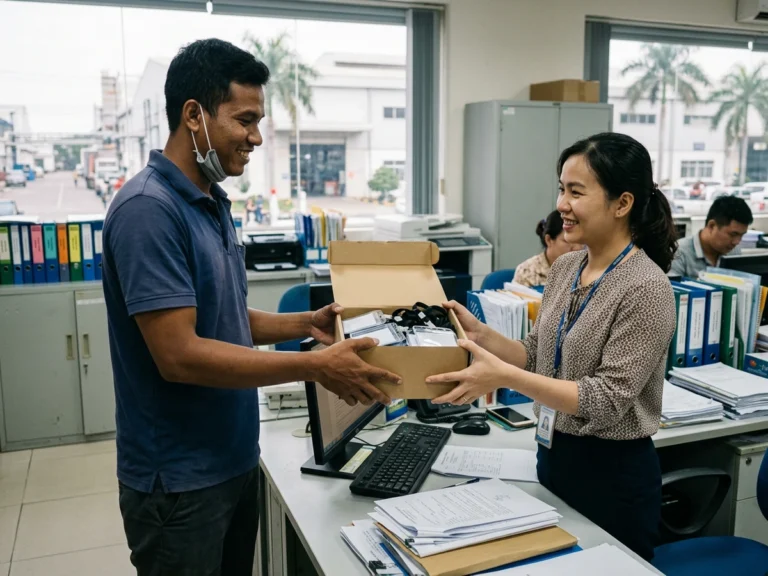 Nhân viên giao hàng trao hộp bảng tên nhựa và dây đeo cho nhân viên phòng nhân sự nhà máy ở KCN Trảng Bàng, phường An Tịnh