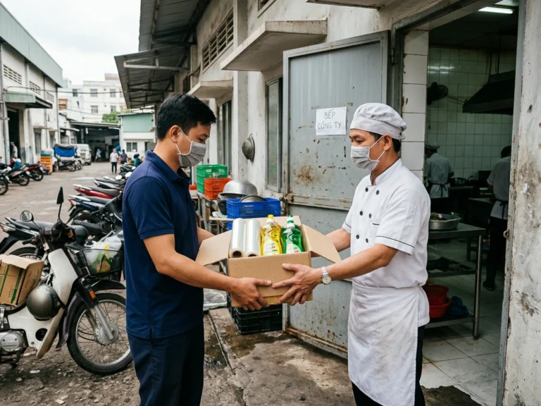 Nhân viên giao hàng trao thùng màng bọc thực phẩm và nước rửa chén cho đầu bếp nhà xưởng ở KCN Việt Hương 2, phường Tây Nam