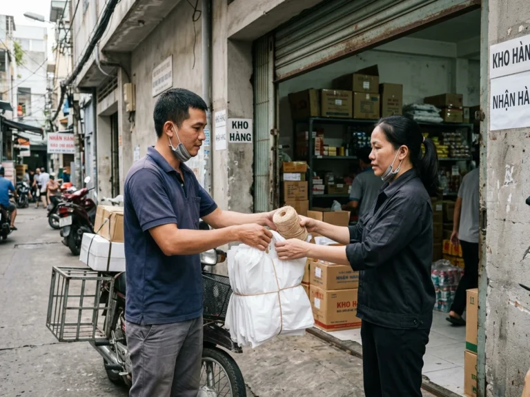 Nhân viên giao hàng trao xấp túi hai quai và cuộn dây cho nhân viên kho ở KCN Việt Hương, phường Thuận Giao