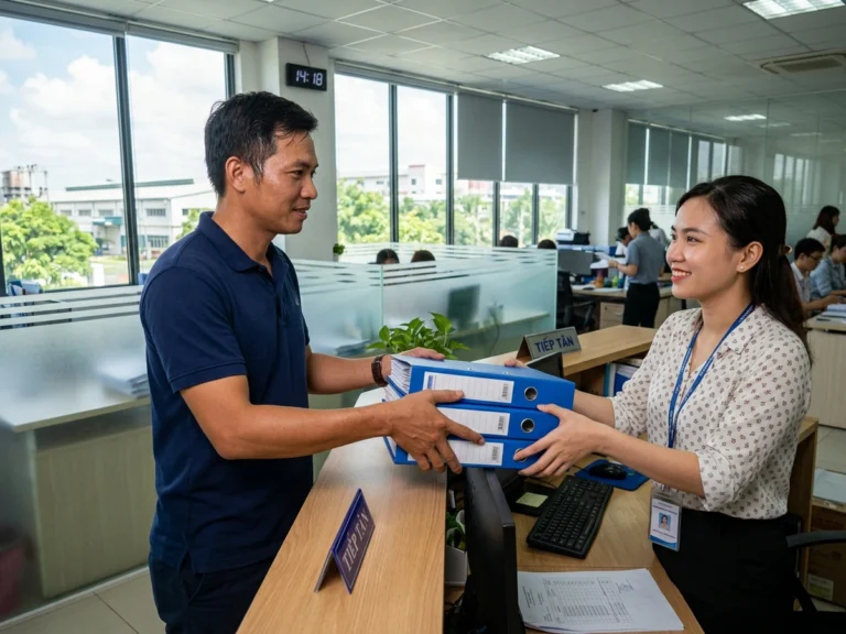 Nhân viên giao hàng trao chồng bìa còng xanh cho nhân viên hành chính nhà máy ở KCN VSIP 2, phường Bình Dương