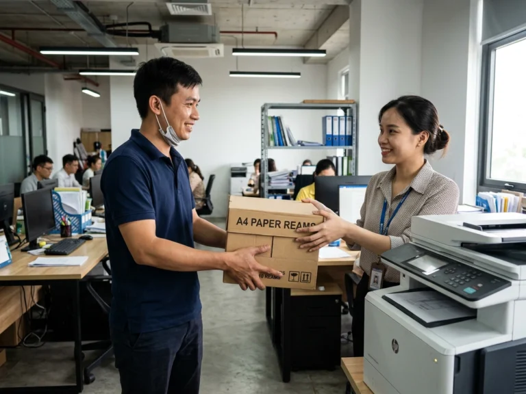 Nhân viên giao hàng trao thùng giấy A4 cho nhân viên văn phòng nhà máy cạnh máy in ở KCN VSIP 2A, phường Vĩnh Tân