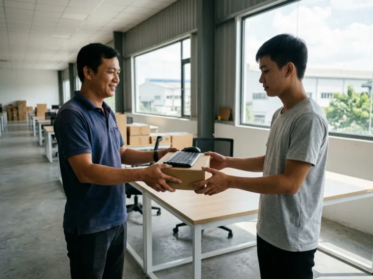 Nhân viên giao hàng trao hộp bàn phím và chuột cho nhân viên văn phòng nhà máy mới ở KCN VSIP 3, phường Tân Uyên