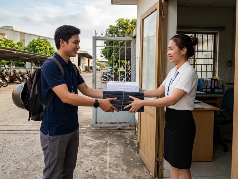 Nhân viên văn thư nhận chồng sổ bìa cứng và ram giấy in ở cửa văn phòng xưởng tại KCN Xuân Lộc