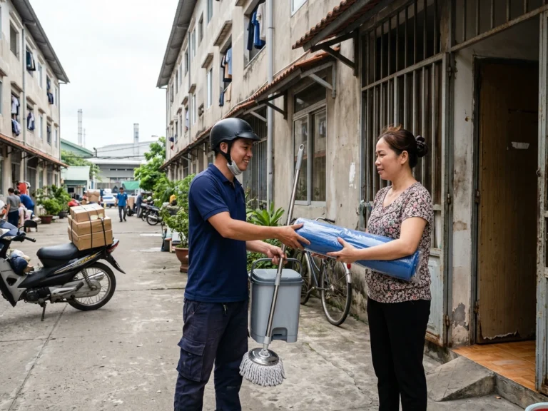 Nhân viên giao hàng trao thảm lau chân cuộn xanh, thùng rác đạp xám và cây lau nhà tự vắt cho người quản lý dãy nhà ở công nhân