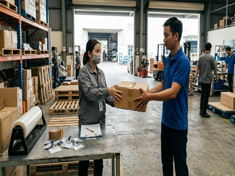 Nhân viên giao hàng trao thùng hàng cho thủ kho nhà máy cạnh bàn có cuộn màng PE và bảng tên, Khu công nghiệp Becamex – Bình Phước, phường Chơn Thành