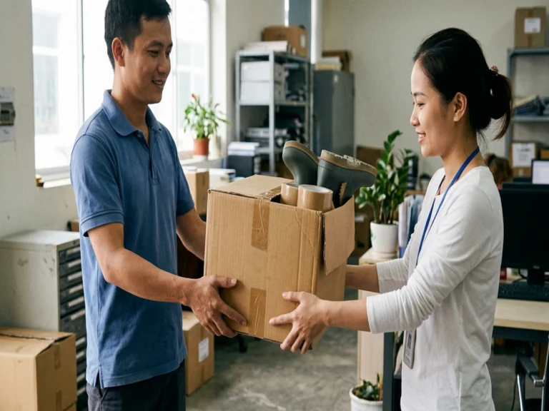 Nhân viên giao hàng trao thùng có ủng cao su, băng keo cho nhân viên văn phòng nhà máy, Khu công nghiệp Minh Hưng – Sikico, phường Tân Khai