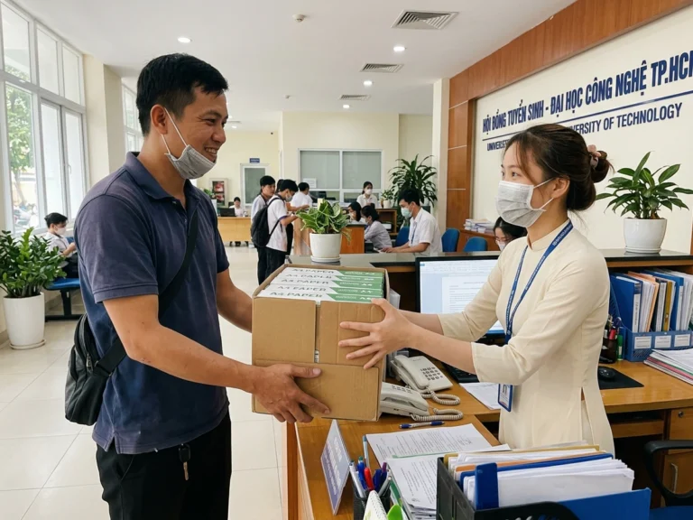 Nhân viên giao hàng trao thùng giấy A4 cho nhân viên văn phòng trường ở khu Linh Trung, phường Linh Xuân, Thủ Đức