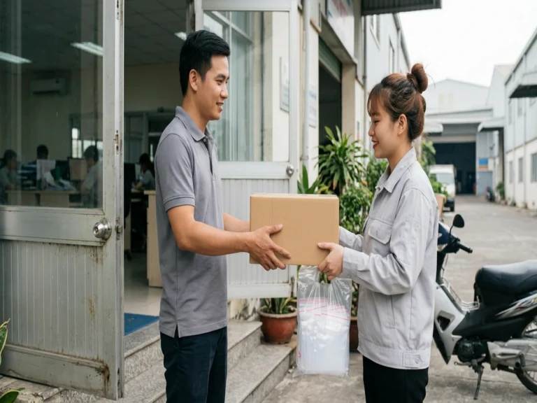 Nhân viên giao thùng hàng và túi zip cho nhân viên văn phòng nhà máy tại cửa văn phòng, Khu phố 4, phường Linh Xuân, KCX Linh Trung 1