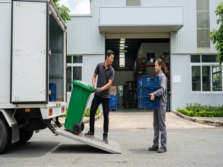 Nhân viên giao thùng rác 60 lít màu xanh lá xuống dốc xe, công nhân kho nhận sóng nhựa trước nhà xưởng ở Khu phố 4, phường Tam Bình, KCX Linh Trung 2