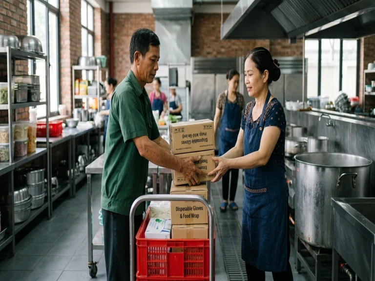 Thùng găng tay và màng bọc thực phẩm được trao cho nhân viên bếp ăn ở khu phố Tân Thành 2, xã Bắc Tân Uyên