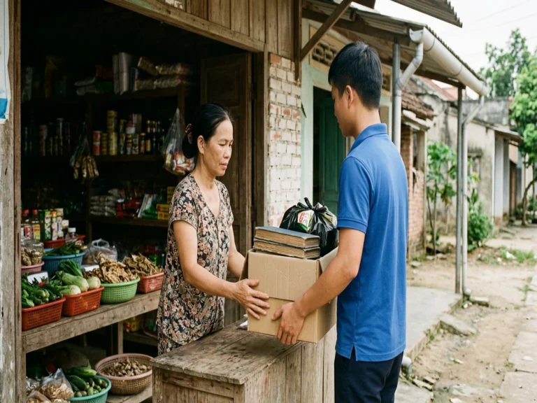 Nhân viên giao hàng trao thùng có sổ sách và túi xốp đen cho chủ tiệm tạp hóa, khu phố Thanh Bình, xã Thiện Hưng
