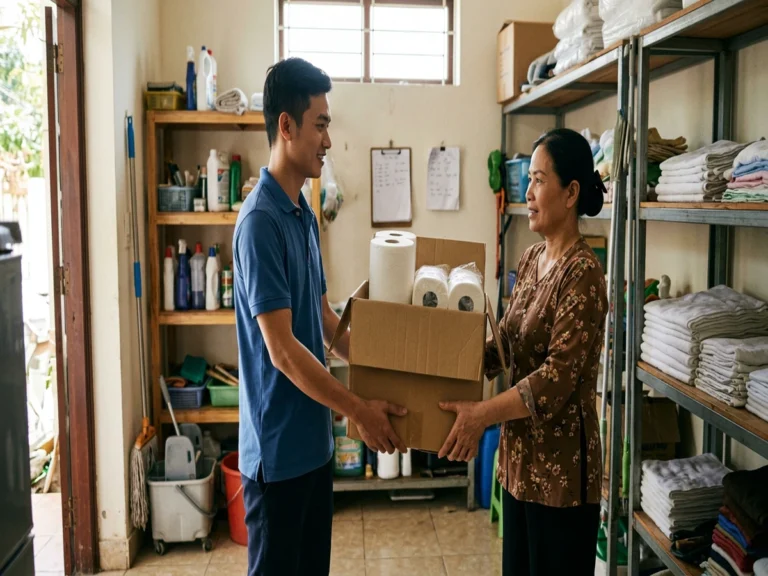 Nhân viên giao hàng trao thùng giấy vệ sinh cuộn lớn cho nhân viên buồng phòng trong kho nhà nghỉ, khu trung tâm đặc khu Côn Đảo