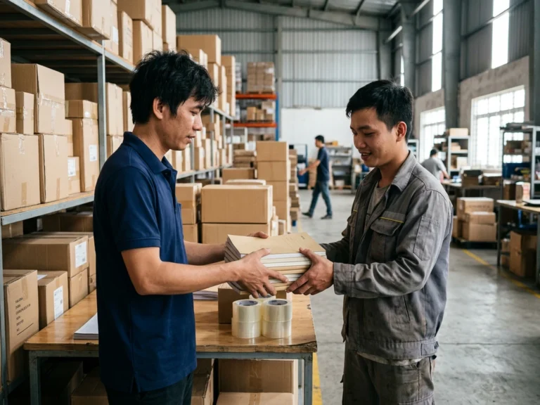 Nhân viên giao hàng trao chồng sổ phiếu kho cho nhân viên kho vận, bên cạnh là các cuộn băng keo trong, ở khu kinh tế cửa khẩu Mộc Bài, xã Long Thuận